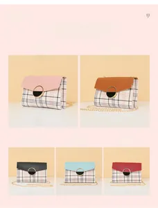 Detailed display of five colors of plaid flap crossbody bags with golden chain straps