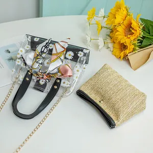 Détail du sac en PVC transparent à motif marguerites avec pochette en paille et foulard soie
