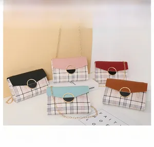 Collection of color-block plaid crossbody bags with gold chain straps in five trendy colors