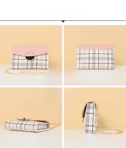 Detailed four-way view of plaid shoulder bag with pink flap and golden chain strap