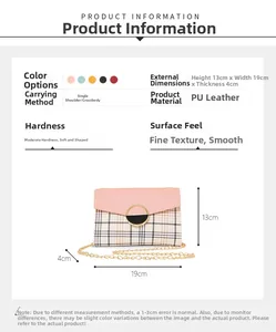 Detailed size chart of pink and plaid PU leather crossbody bag with chain strap