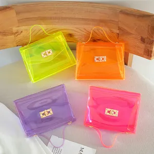Women Transparent PVC Small Square Bag Gold Chain Shoulder Crossbody Bag Clear Fluorescent Candy Color Handbag For Daily Travel