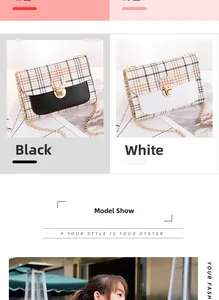 Detail of plaid crossbody bag with gold chain strap and metal clasp in black and white
