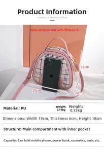 Pink checkered semi-circular PU leather bag with handle and interior pocket details