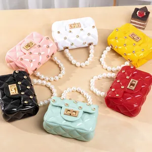 Mini Sac à Main en Gelée Mode Femme Poignée en Künstliche Perle Losange Matelassé Sac Bandoulière Orné de Strass Verrou Doré