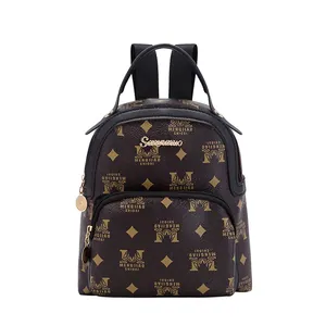 Compact brown mini backpack for women featuring vintage monogram print and golden hardware