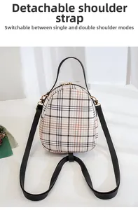 Detail of detachable shoulder straps on checkered mini backpack for multi-wear options