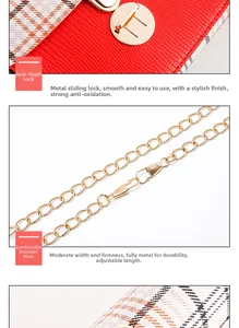 Detail of sliding anti-theft gold clasp and plaid pattern on red leather bag