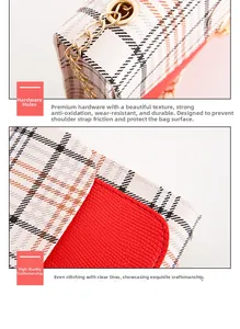 Detail of plaid fabric stitching and golden chain ring on a red crossbody bag