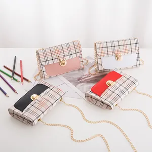 Women Fashion Plaid Pattern Small Square Bag Contrast Color PU Leather Metal Chain Shoulder Crossbody Mobile Phone Bag