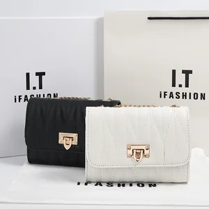 Women Fashion V-Quilted PU Leather Shoulder Bag With Gold Metal Lock And Chain Strap Small Square Crossbody Bag For Ladies Casual