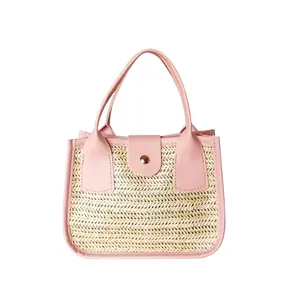 Mini sac à main en paille tissée pour femme avec bordure en cuir rose et bouton