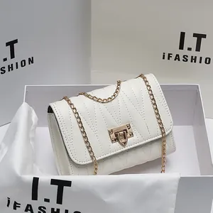 White V-quilted chain handbag for women with elegant gold metal clasp in gift box
