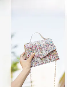 Close-up of colorful tweed small square bag with gold chain strap in outdoor setting