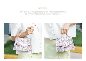 Detail of colorful tweed shoulder bag with golden chain strap and white leather handle