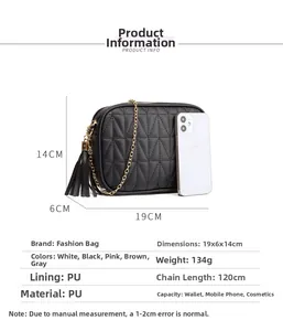 Detailed size chart of black quilted crossbody bag with golden chain and tassel charm