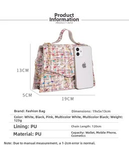 Detailed size comparison of the colorful woven PU leather handbag with gold chain strap
