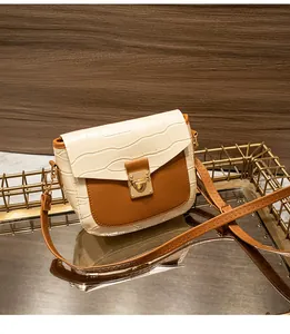 Detail of crocodile embossed crossbody bag with golden shield lock on a mirror tray