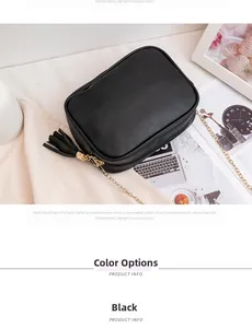 Detail of black crossbody bag featuring leather tassel zipper and gold chain strap