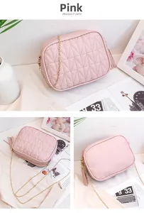Detailed views of pink quilted crossbody bag with tassel and gold chain strap