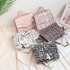 Fashion Women Graffiti Tweed Small Square Bag Elegant Chain Shoulder Crossbody Bag Trendy Handbag Cell Phone Bag For Daily