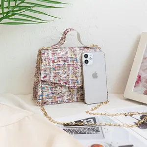 Colorful tweed small square bag with golden chain strap and top handle for women