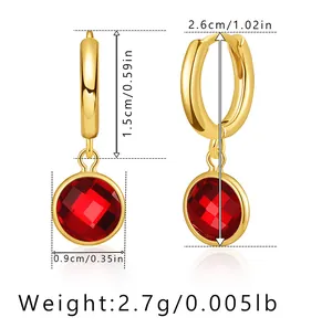 Detailed view of French vintage gold earrings with faceted red zircon pendant and measurements