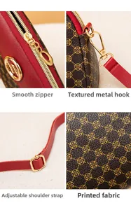 Détails macro de la fermeture éclair, crochets en métal et cuir imprimé du sac