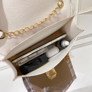 Women vintage plaid crossbody bag with chain strap and functional inner compartments