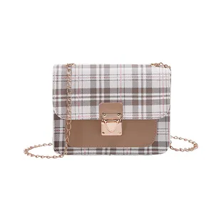 Plaid patchwork crossbody bag with gold chain strap and metal lock closure for women