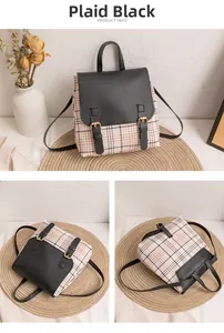 Detail view of the plaid black mini backpack featuring dual buckle closures and PU leather