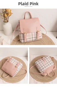 Detail view of pink plaid mini backpack with double gold buckles and textured finish