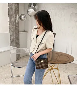 Mini bucket bag with checkered pattern and gold clasp shown on a model in a modern room
