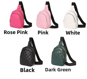 Detail view of multi-color mini crossbody bags with diamond quilted stitching and dual zippers
