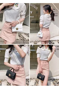 Chic women's outfit featuring embroidered knit top, pink skirt and chain flap crossbody bag