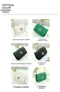 Detail view of mini crossbody bags with clover buckles in quilted and V-shaped patterns