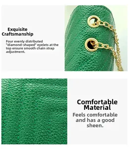 Detail of green caviar leather handbag showing quilted pattern and gold chain grommets