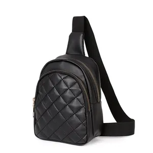 Women Fashion Quilted Mini Chest Bag PU Leather Embroidery Double Layer Waist Pack Crossbody Phone Pouch Casual Travel Bag