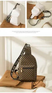 Detail view of crocodile pattern and retro print crossbody chest bags with wide straps