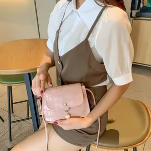 Pink stone pattern small square crossbody bag with pearl charm and golden detail