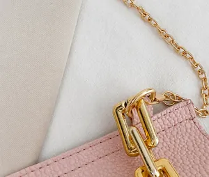 Detail von rosa Litschileder mit goldener Metallschnalle und Kettenriemen