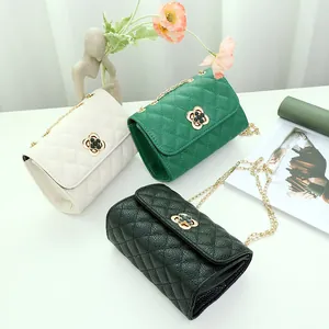 Women Quilted PU Leather Shoulder Bag Rhombus V-Pattern Chain Crossbody Bag With Flower Lock Fashion Square Small Handbag