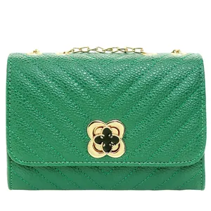 Green V-quilted faux leather shoulder bag with gold clover lock and chain strap