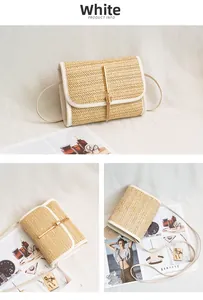 Detailed views of a woven crossbody bag with gold tassel and white faux leather trim