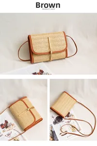 Detail view of brown straw crossbody bag with golden tassel and leather shoulder strap