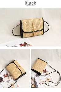 Detail of straw woven crossbody bag with gold tassel, black leather trim and shoulder strap