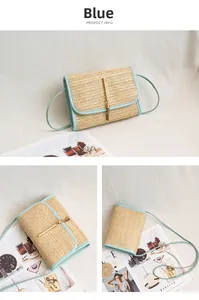 Detail of blue leather strap and straw woven bag with gold tassel and turn-lock