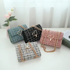 Elegant Heart Lock Tweed Chain Crossbody Bag For Women Plaid Fashion Ladylike Small Square Shoulder Bag Daily Messenger Bag