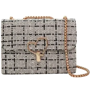 Plaid canvas square crossbody bag with heart-shaped lock and chain shoulder strap