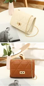 Detail of quilted flap crossbody bags in beige and brown with gold chain and twist lock